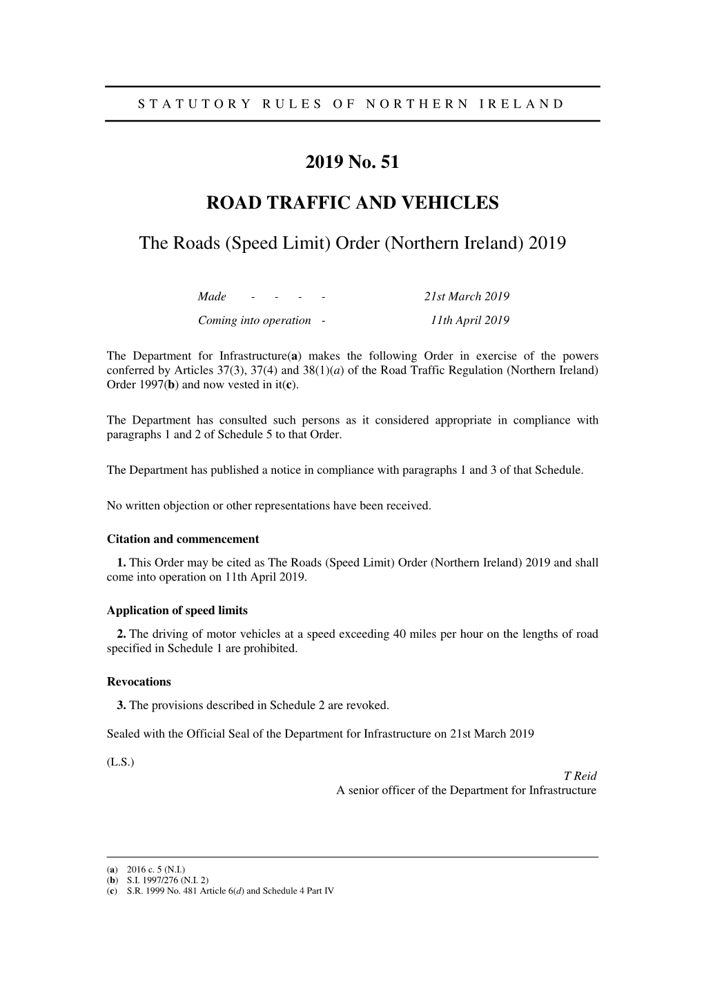The Roads (Speed Limit) Order (Northern Ireland) 2019