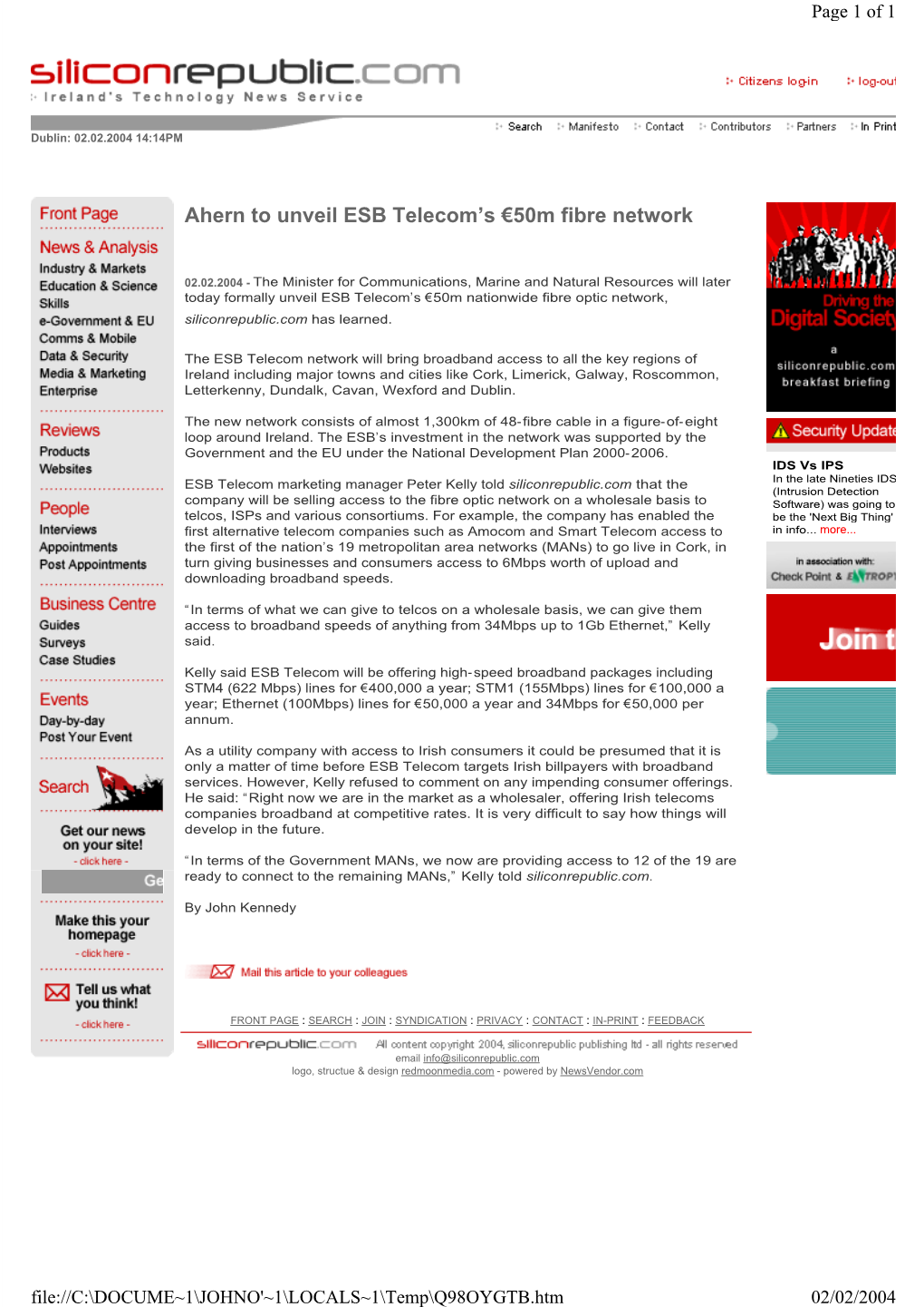 Ahern to Unveil ESB Telecom's €50M Fibre Network