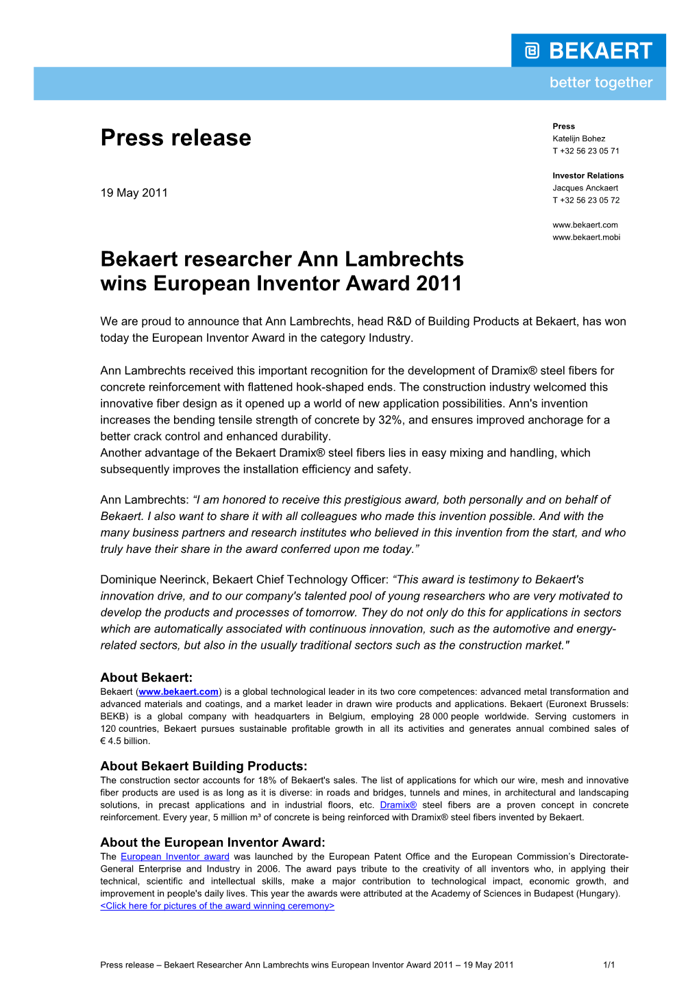 Bekaert Researcher Ann Lambrechts Wins European Inventor Award 2011