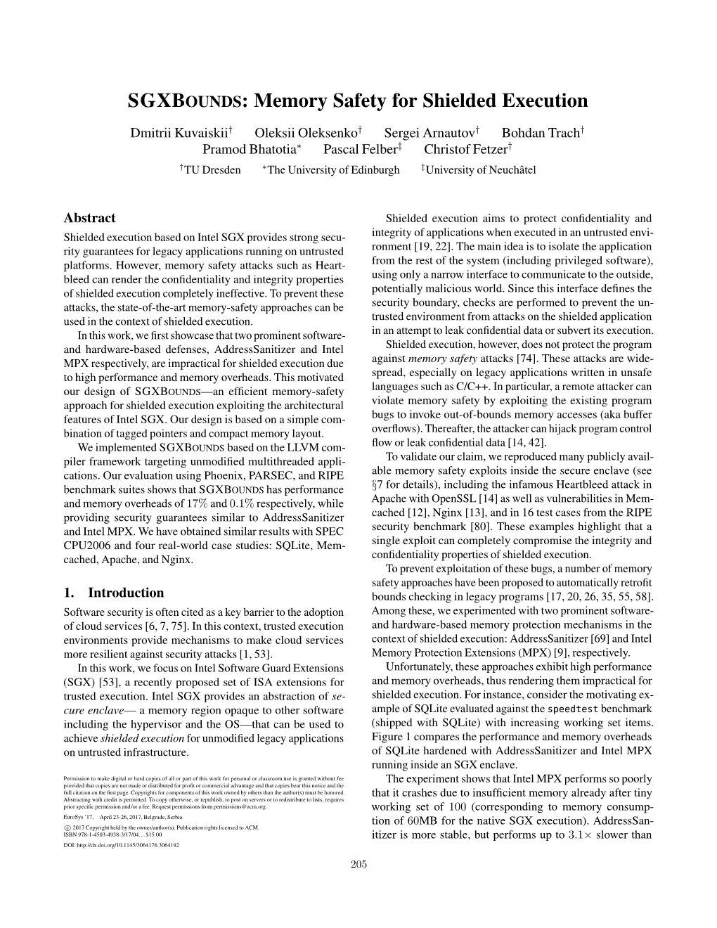 SGXBOUNDS: Memory Safety for Shielded Execution