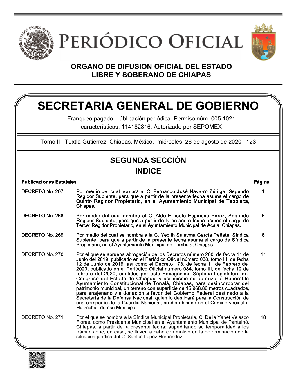 Organo De Difusion Oficial Del Estado Libre Y Soberano De Chiapas Secretaria General De