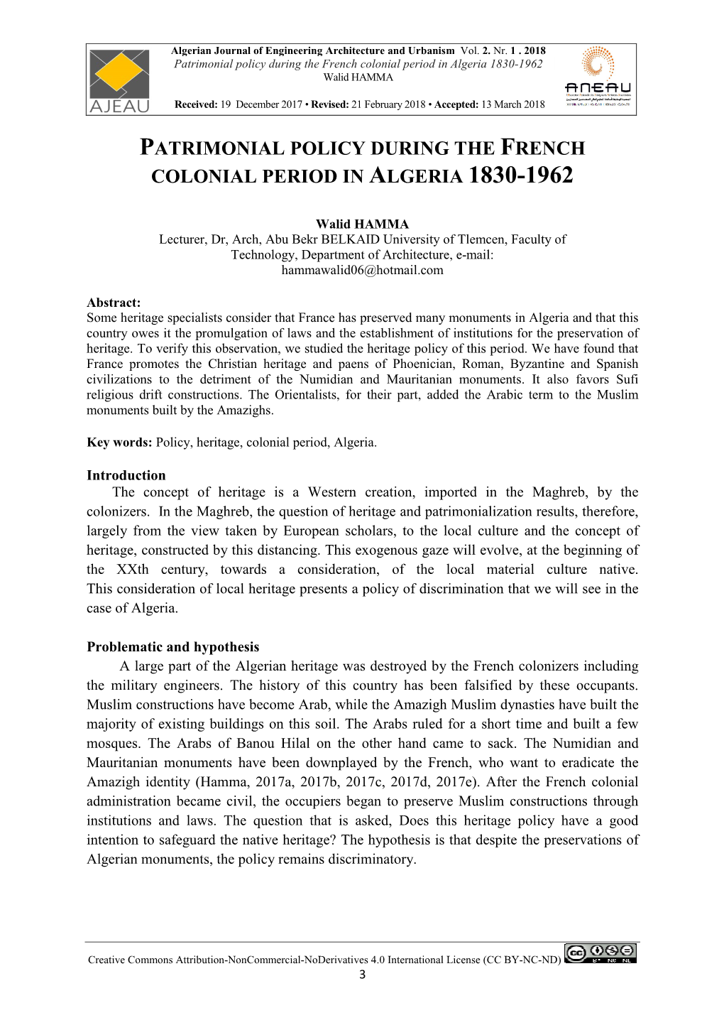 Patrimonial Policy During the French Colonial Period in Algeria 1830-1962 Walid HAMMA