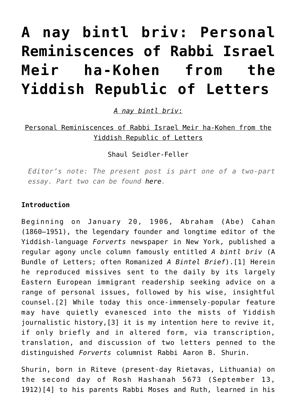 A Nay Bintl Briv: Personal Reminiscences of Rabbi Israel Meir Ha-Kohen from the Yiddish Republic of Letters