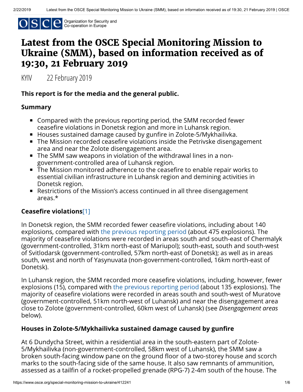 Latest from the OSCE Special Monitoring Mission to Ukraine (SMM), Based on Information Received As of 19:30, 21 February 2019 | OSCE