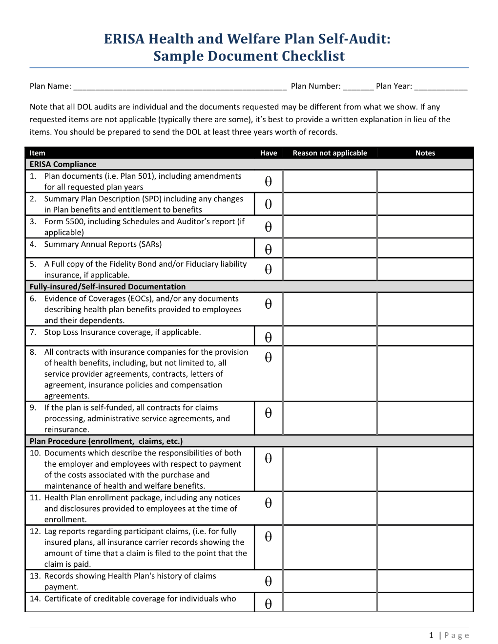 ERISA Health and Welfare Plan Self-Audit: Sample Document Checklist