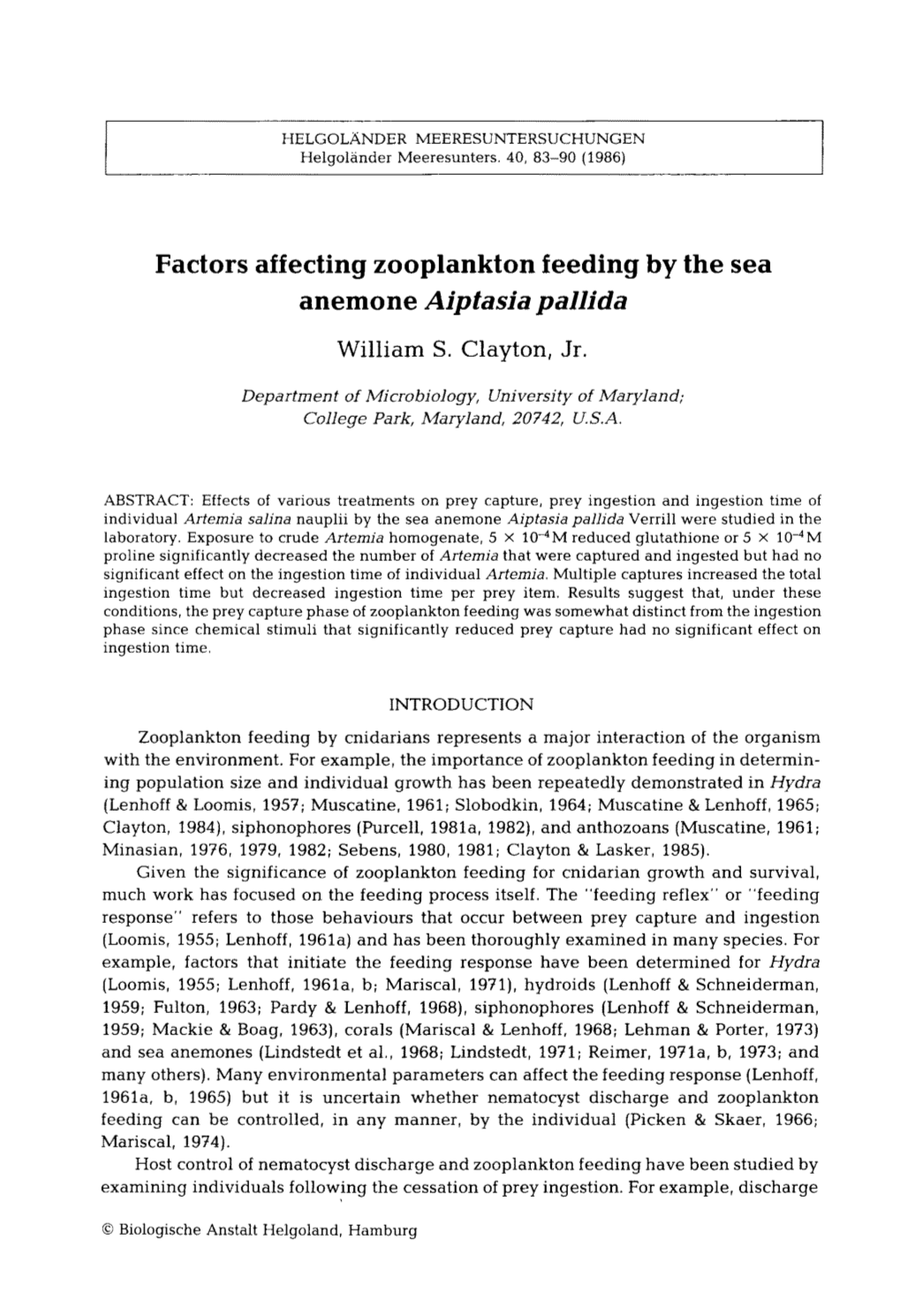 Factors Affecting Zooplankton Feeding by the Sea Anemone Aiptasia Pallida William S