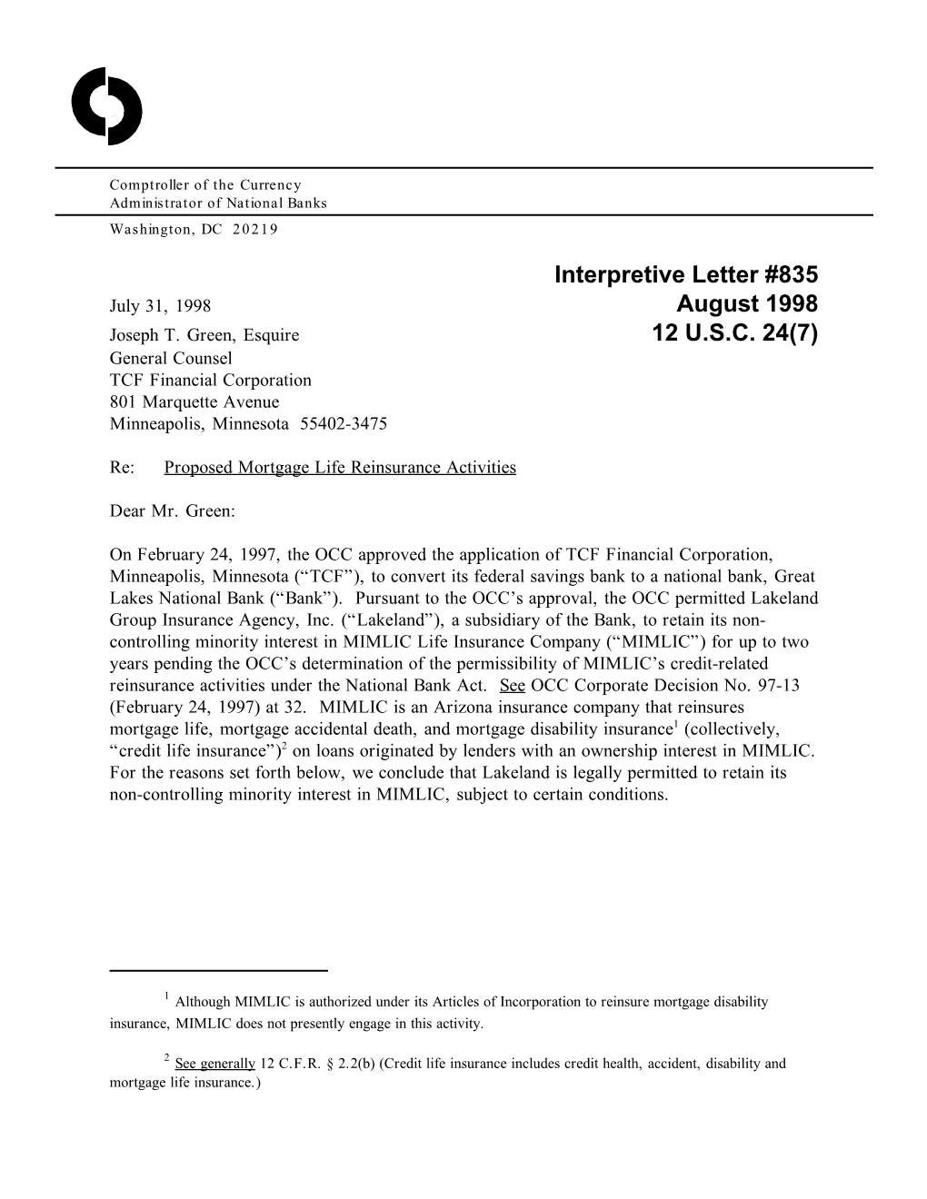 Interpretive Letter #835 August 1998 12 U.S.C. 24(7)