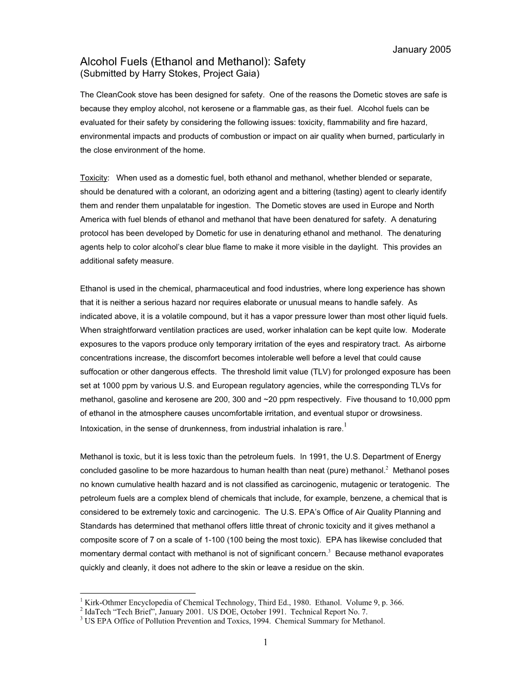 Alcohol Fuels (Ethanol and Methanol): Safety (Submitted by Harry Stokes, Project Gaia)