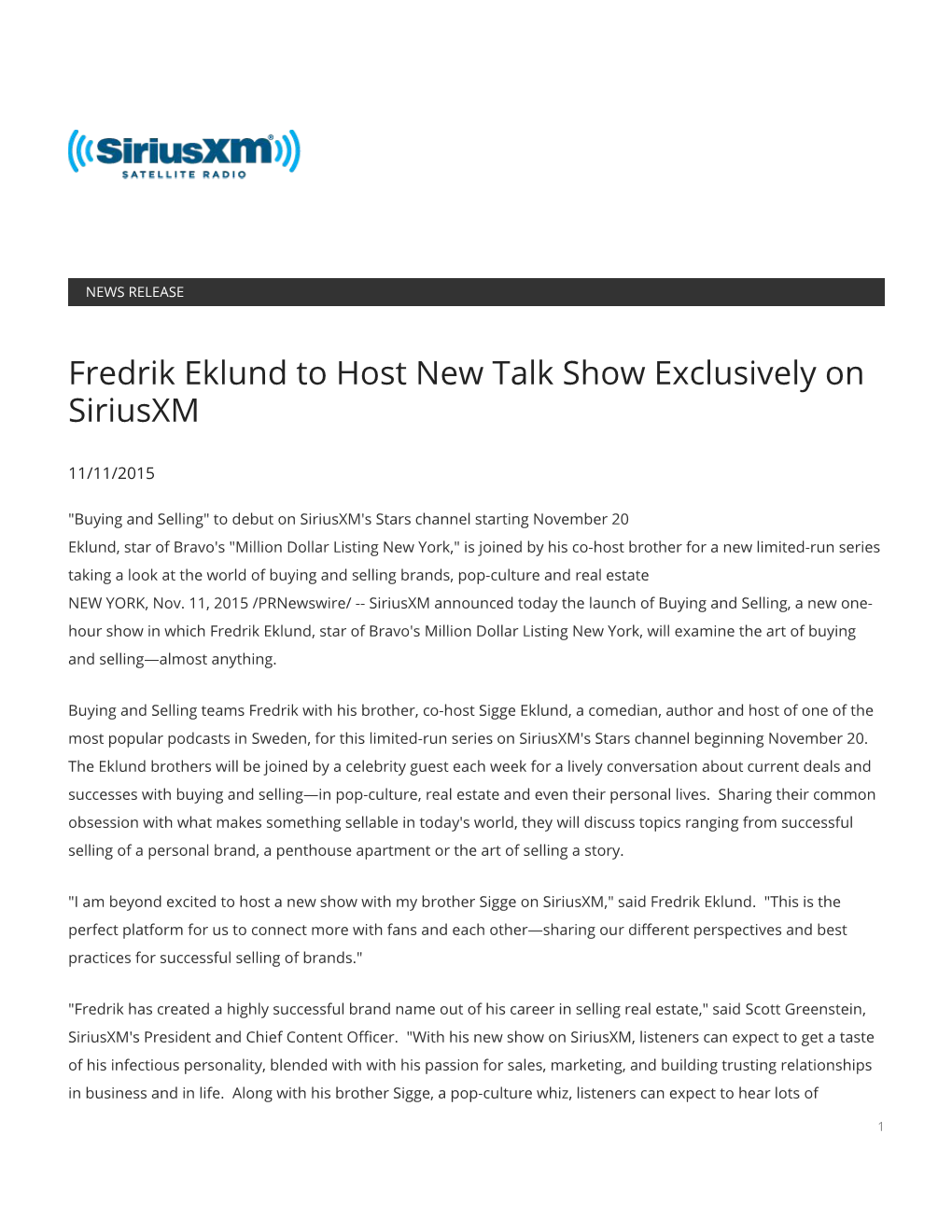 Fredrik Eklund to Host New Talk Show Exclusively on Siriusxm