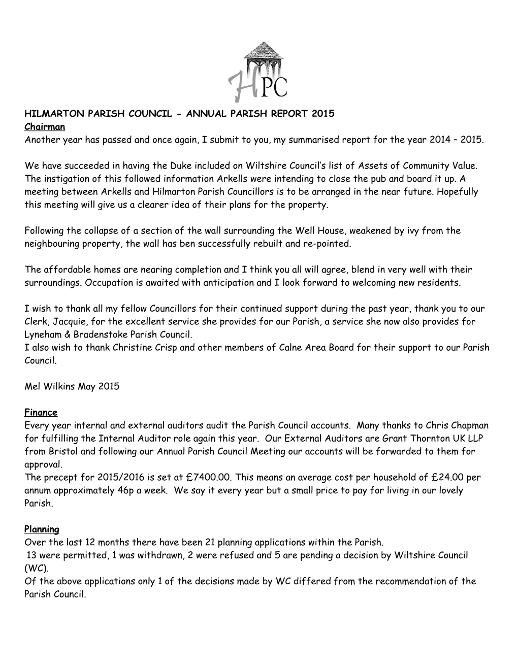 Hilmarton Parish Council - Annual Parish Report 2015