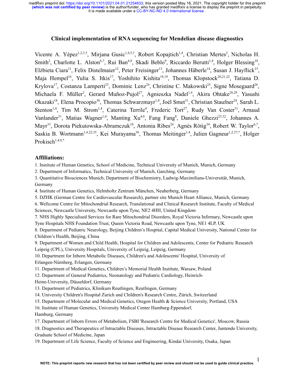 Clinical Implementation of RNA Sequencing for Mendelian Disease Diagnostics