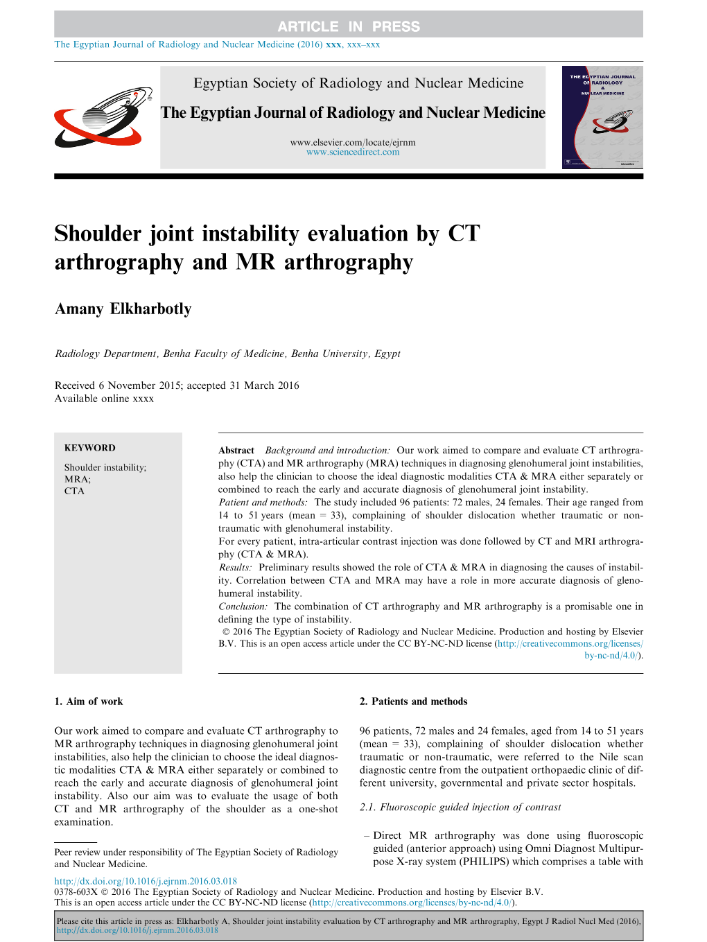 Shoulder Joint Instability Evaluation by CT Arthrography and MR Arthrography