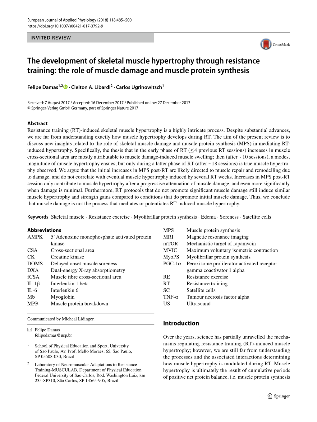 The Development of Skeletal Muscle Hypertrophy Through Resistance Training: the Role of Muscle Damage and Muscle Protein Synthesis