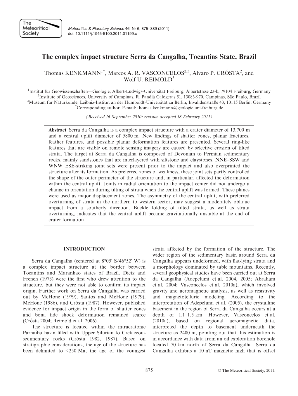 The Complex Impact Structure Serra Da Cangalha, Tocantins State, Brazil