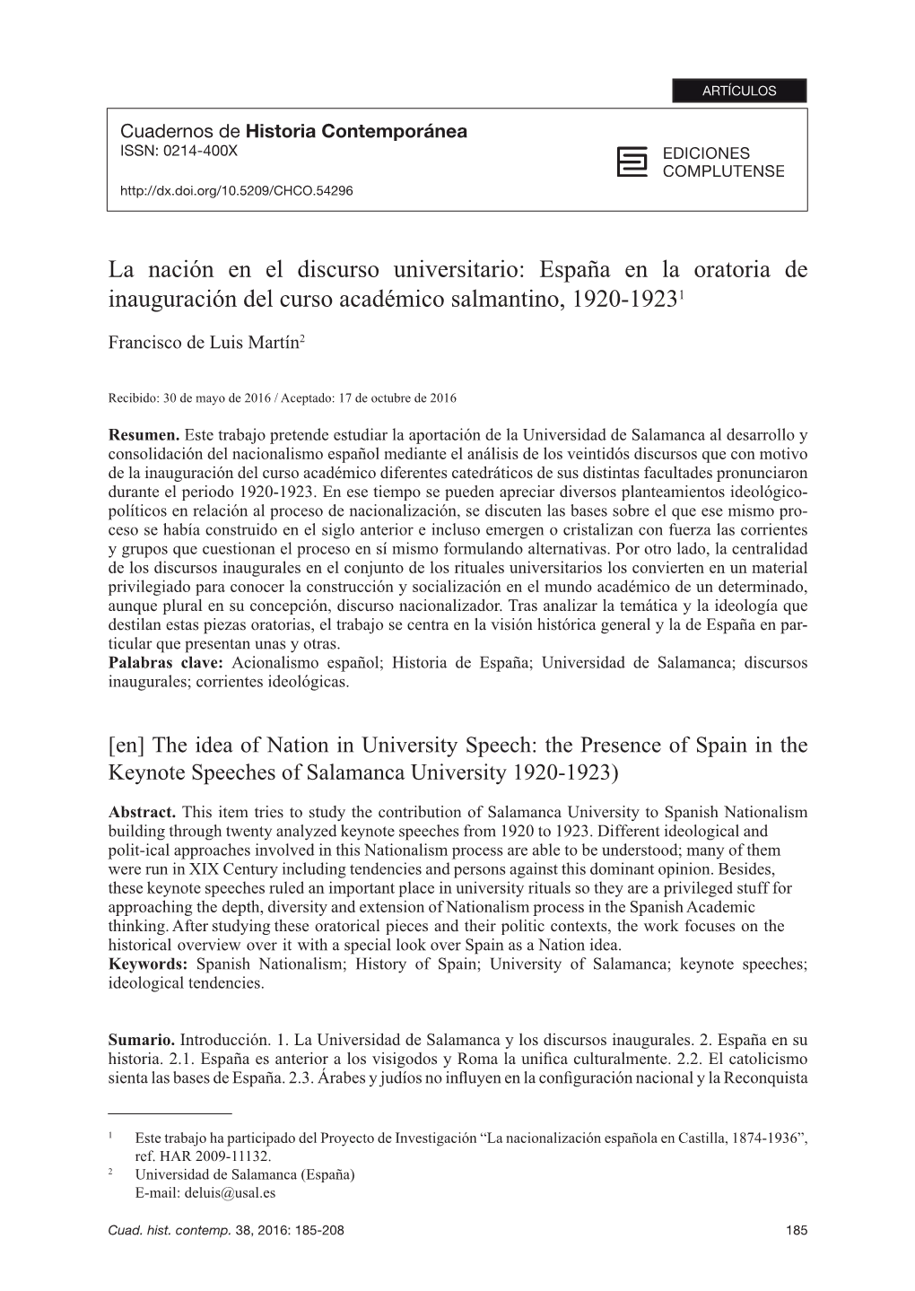 España En La Oratoria De Inauguración Del Curso Académico Salmantino, 1920-19231