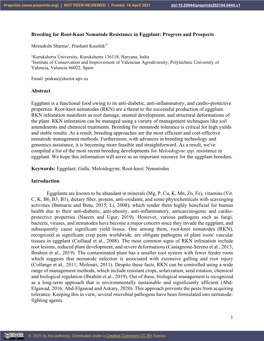 1 Breeding for Root-Knot Nematode Resistance in Eggplant