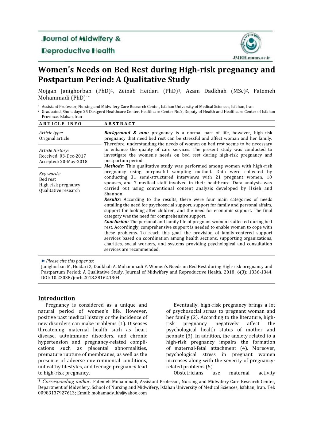 Women's Needs on Bed Rest During High-Risk Pregnancy And