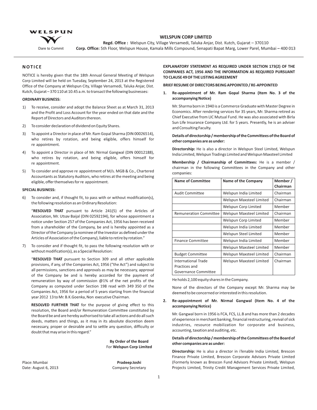 Welspun Corp Limited Notice