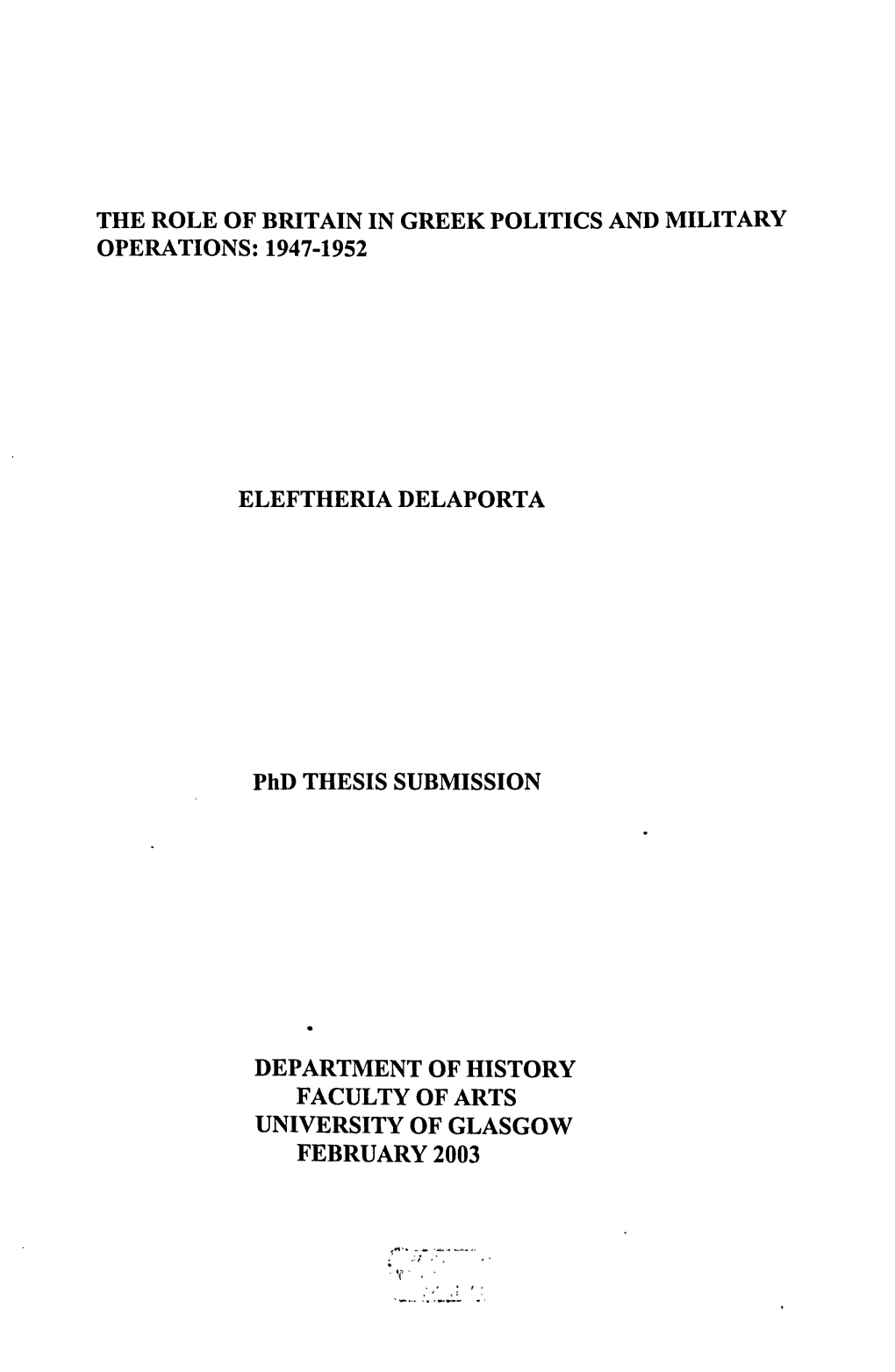 DEPARTMENT of HISTORY FACULTY of ARTS UNIVERSITY of GLASGOW FEBRUARY 2003 I