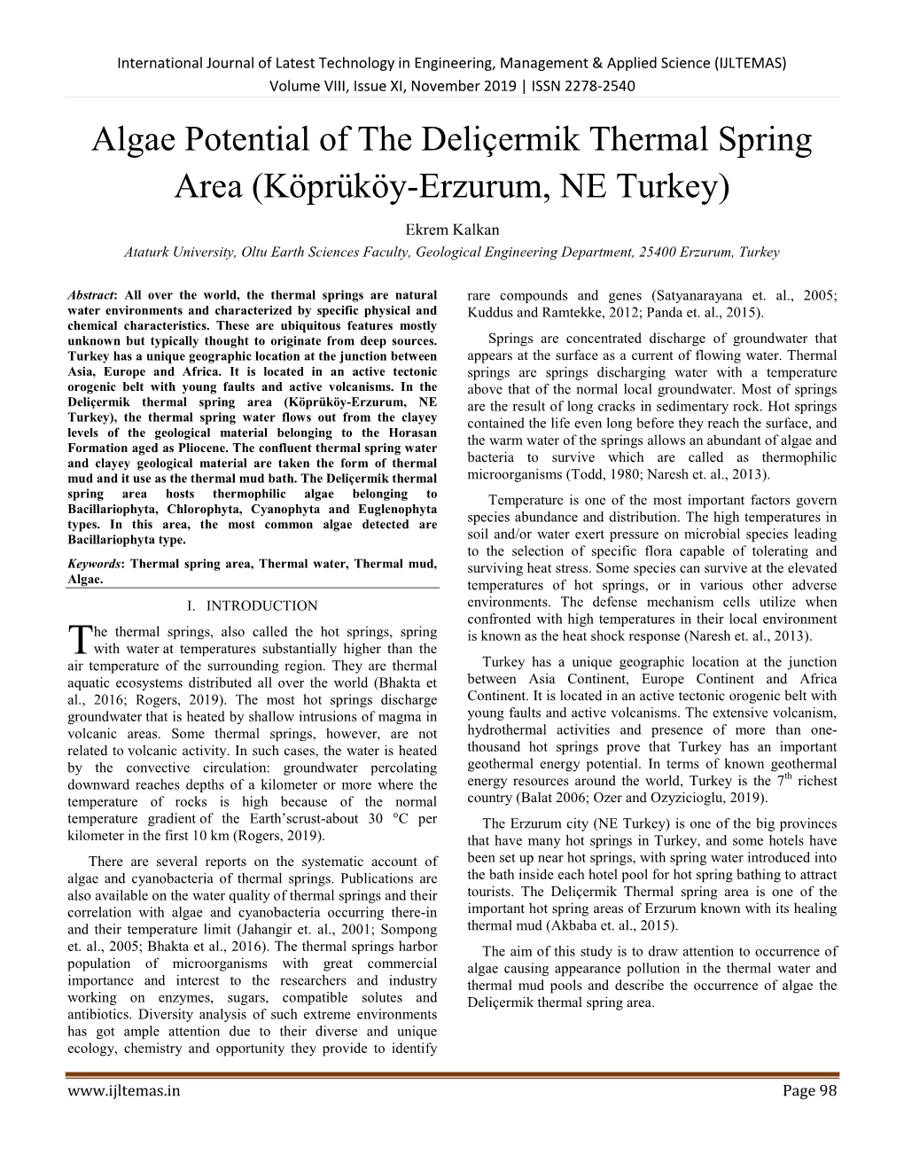 Algae Potential of the Deliçermik Thermal Spring Area (Köprüköy-Erzurum, NE Turkey)