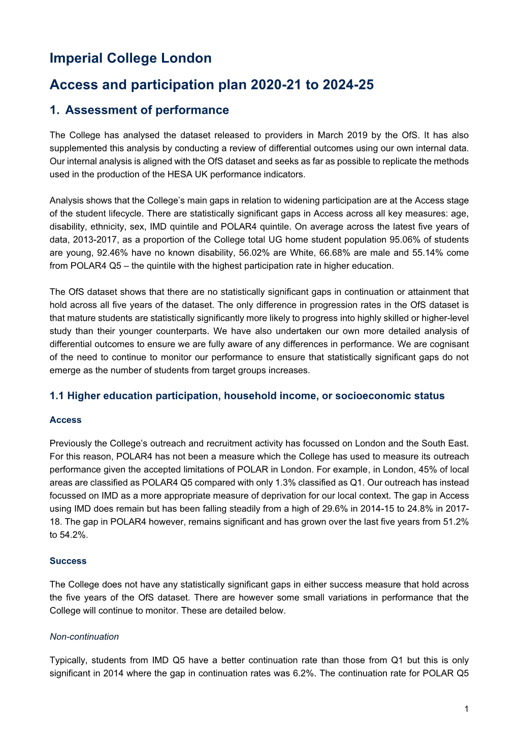 Imperial College London Access and Participation Plan 2020-21 to 2024-25 1