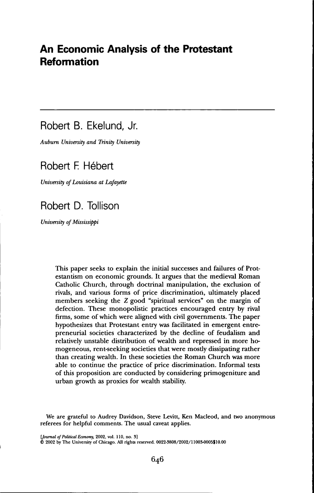 An Economic Analysis of the Protestant Reformation Robert B