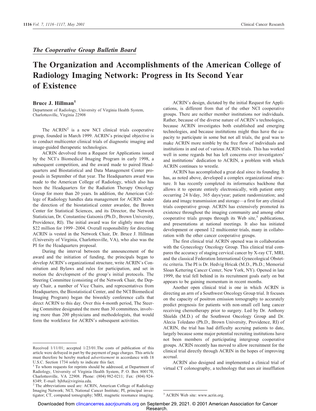 The Organization and Accomplishments of the American College of Radiology Imaging Network: Progress in Its Second Year of Existence