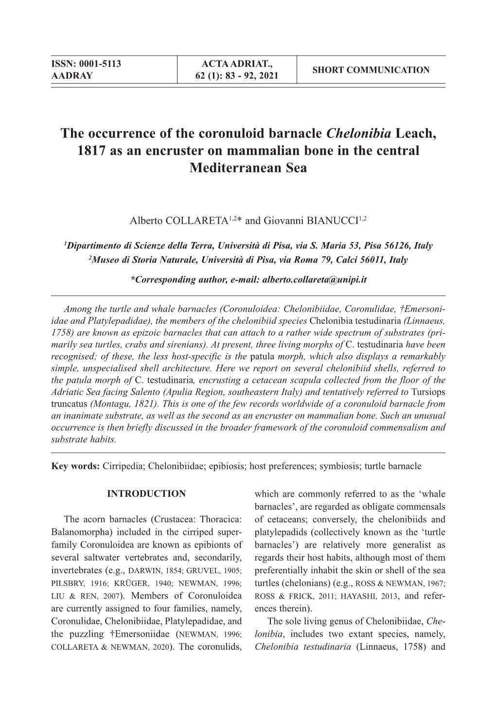 The Occurrence of the Coronuloid Barnacle Chelonibia Leach, 1817 As an Encruster on Mammalian Bone in the Central Mediterranean Sea