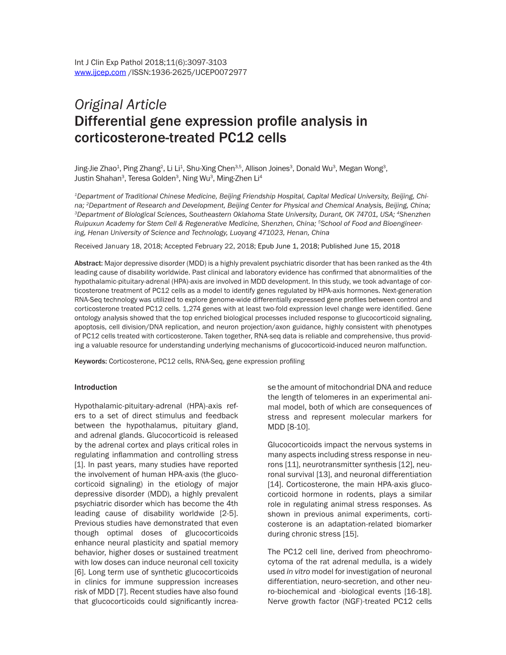 Original Article Differential Gene Expression Profile Analysis in Corticosterone-Treated PC12 Cells