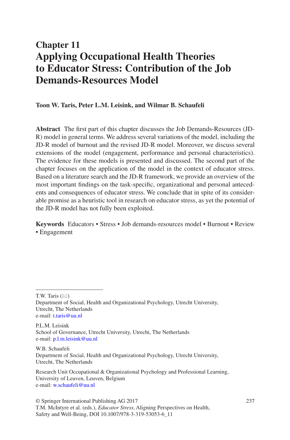 Applying Occupational Health Theories to Educator Stress: Contribution of the Job Demands-Resources Model