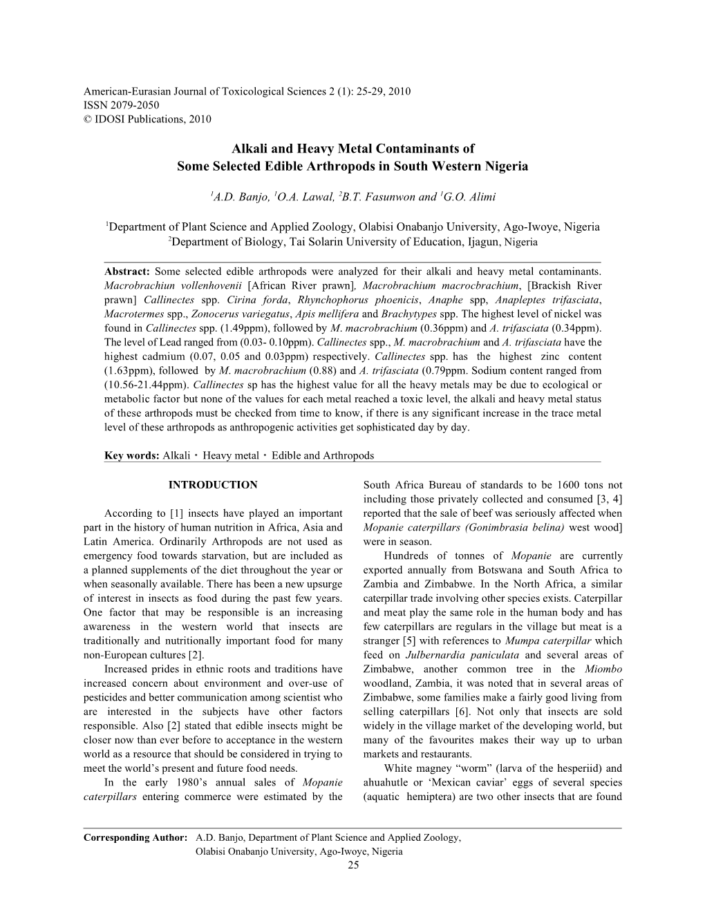 Alkali and Heavy Metal Contaminants of Some Selected Edible Arthropods in South Western Nigeria