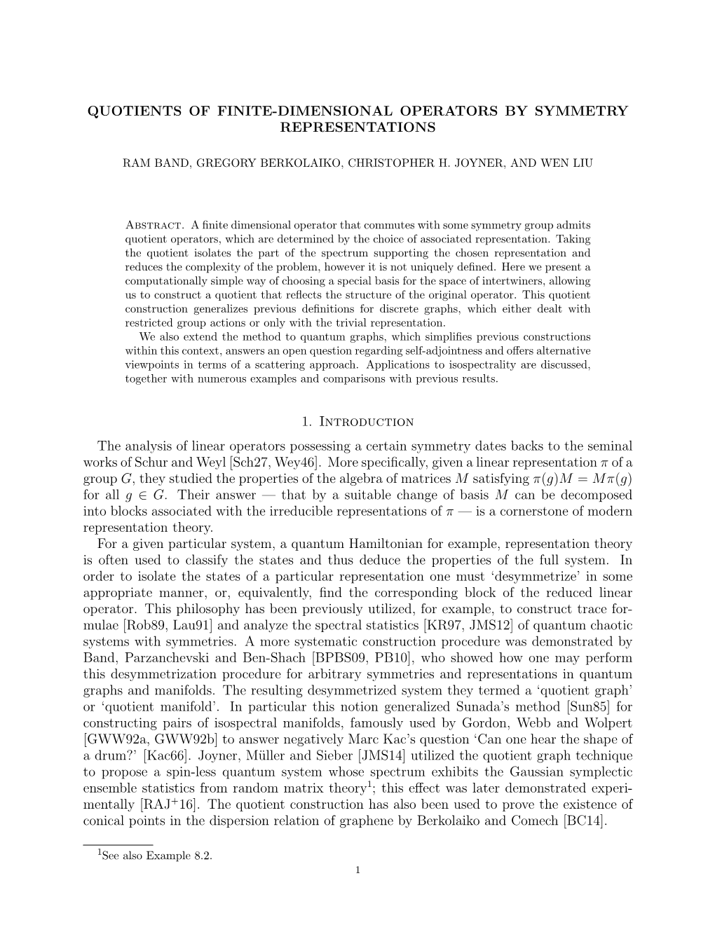 Quotients of Finite-Dimensional Operators by Symmetry Representations