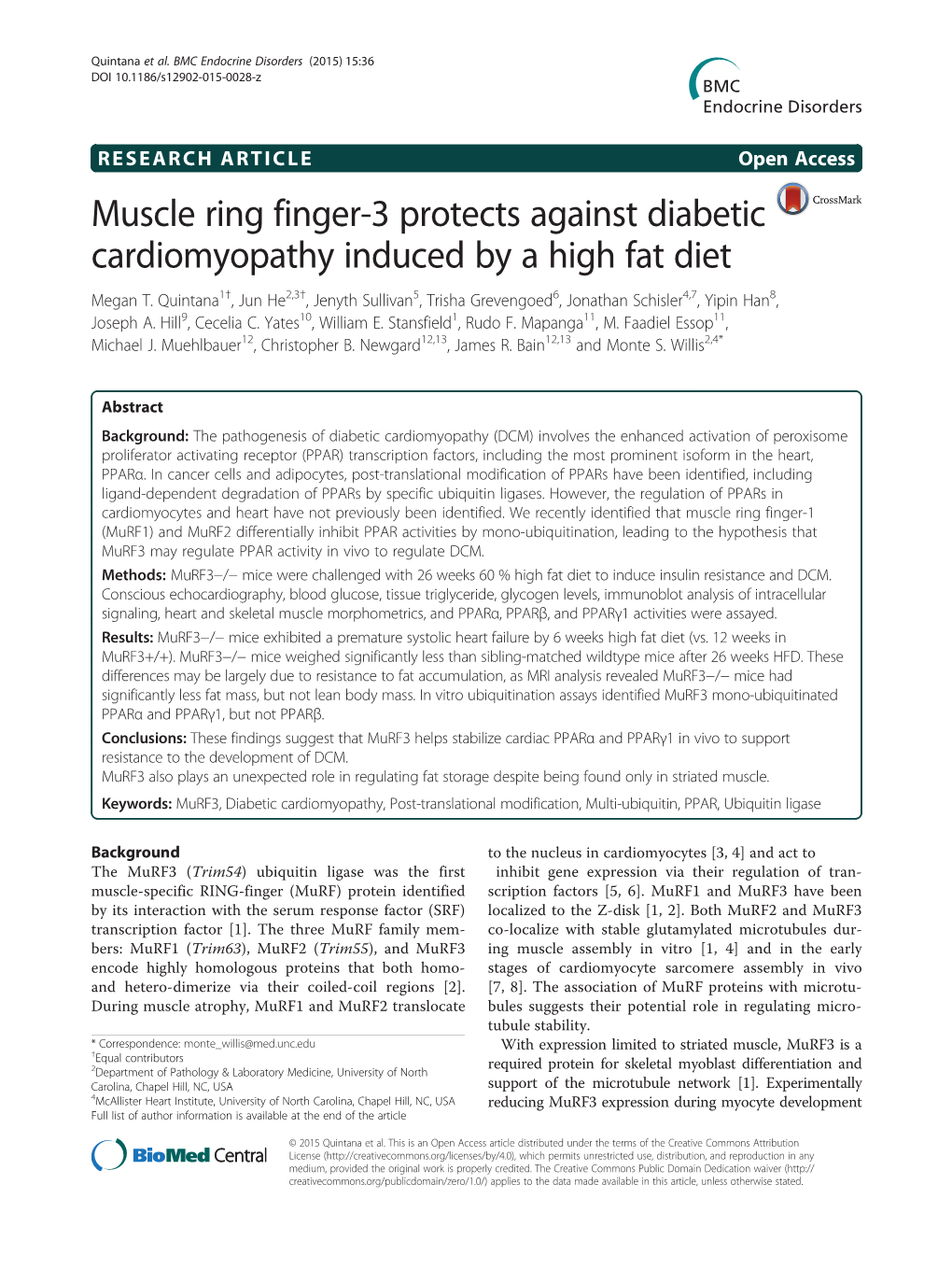 Muscle Ring Finger-3 Protects Against Diabetic Cardiomyopathy Induced by a High Fat Diet Megan T