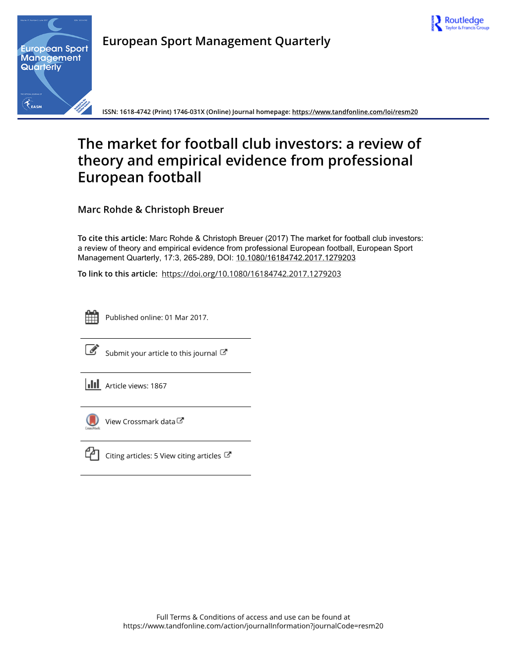 The Market for Football Club Investors: a Review of Theory and Empirical Evidence from Professional European Football