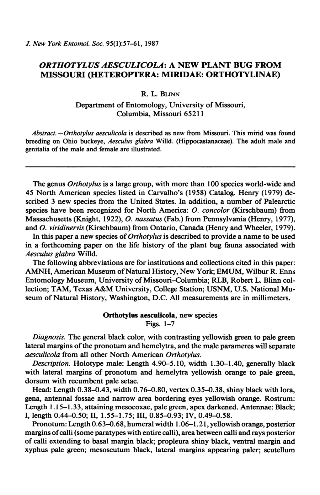 Orthotylus Aesculicola: a New Plant Bug from Missouri (Heteroptera: Miridae: Orthotylinae)