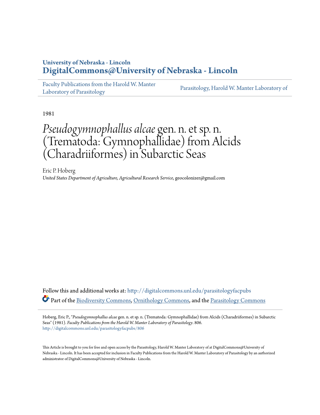 Pseudogymnophallus Alcae Gen. N. Et Sp. N. (Trematoda: Gymnophallidae) from Alcids (Charadriiformes) in Subarctic Seas Eric P