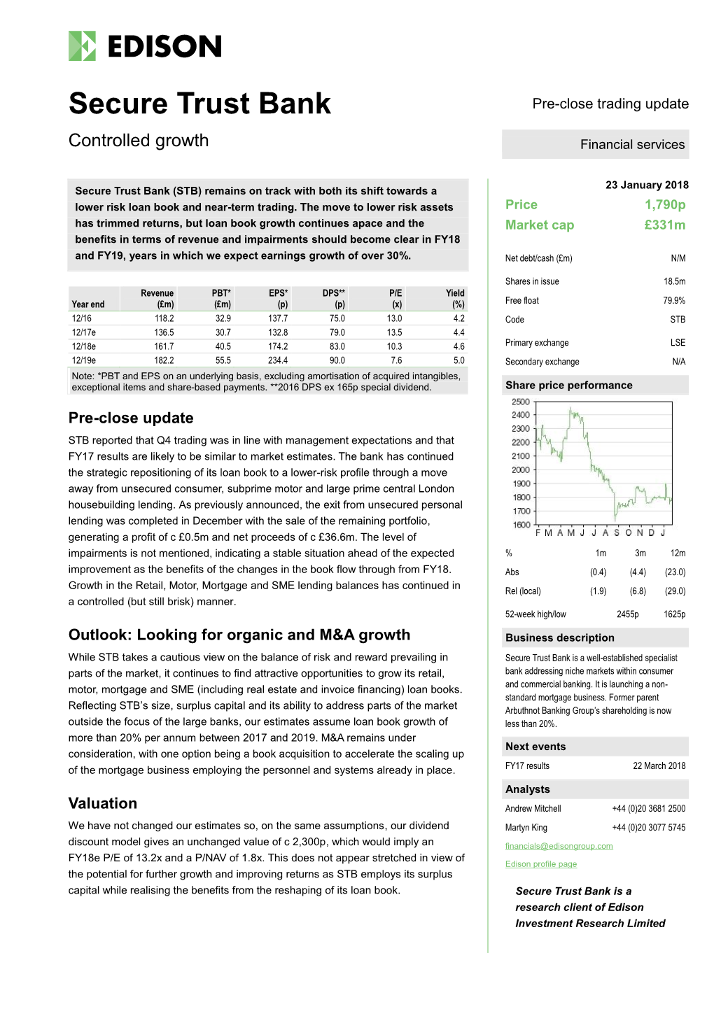 Secure Trust Bank Pre-Close Trading Update