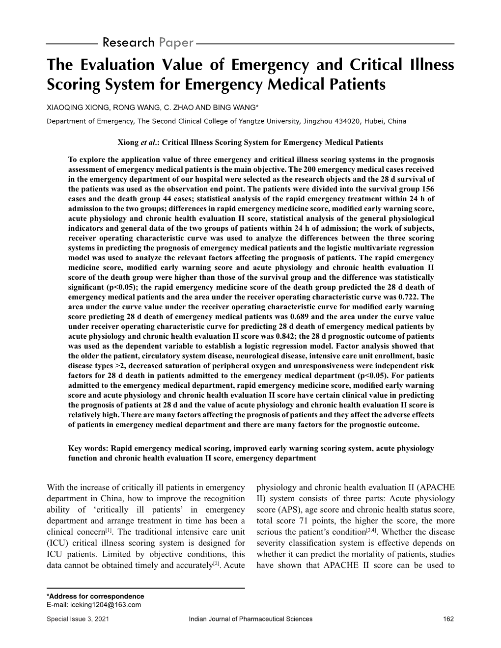 The Evaluation Value of Emergency and Critical Illness Scoring System for Emergency Medical Patients