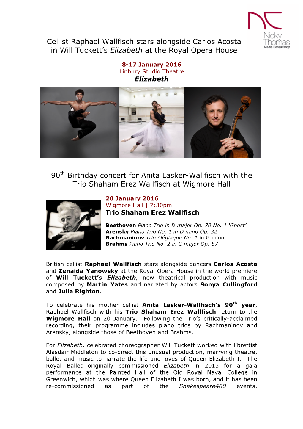 Cellist Raphael Wallfisch Stars Alongside Carlos Acosta in Will Tuckett’S Elizabeth at the Royal Opera House