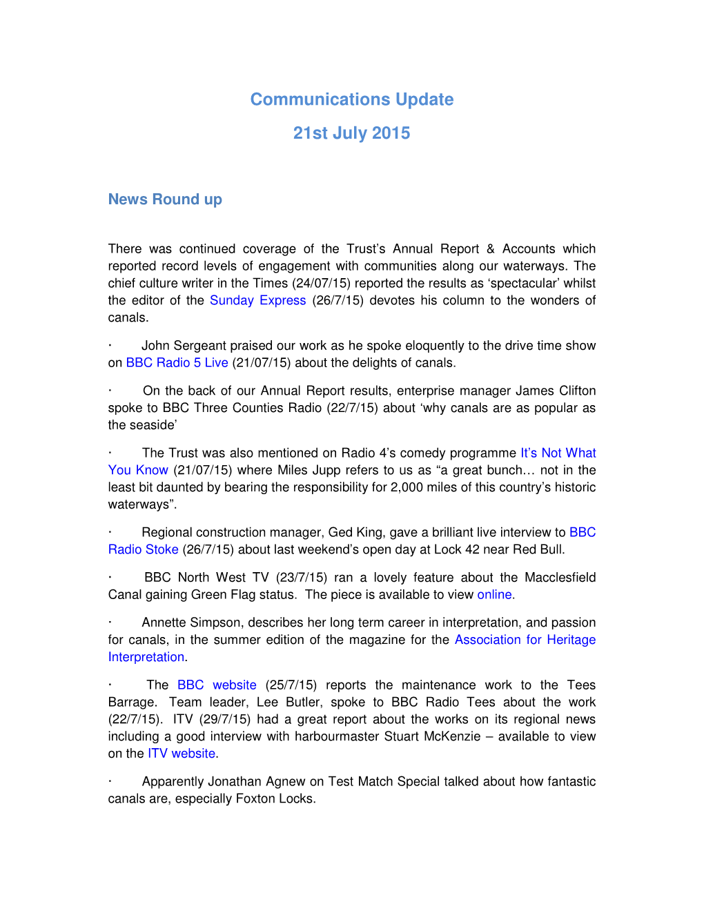 Communications Update 21St July 2015