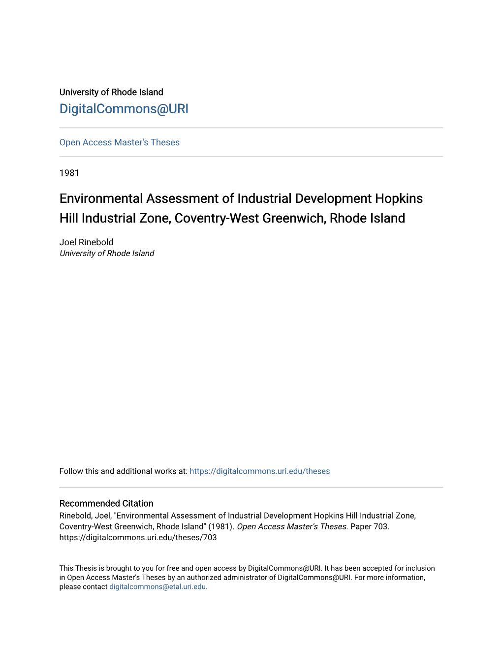 Environmental Assessment of Industrial Development Hopkins Hill Industrial Zone, Coventry-West Greenwich, Rhode Island