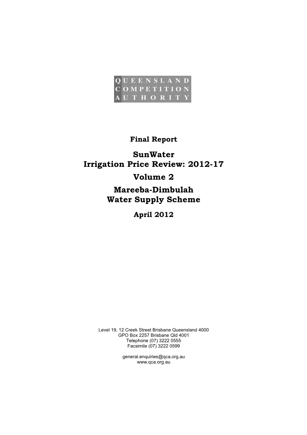 Sunwater Irrigation Price Review: 2012-17 Volume 2 Mareeba-Dimbulah Water Supply Scheme