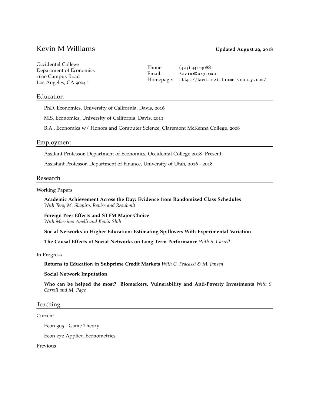 Kevin M Williams: Curriculum Vitae