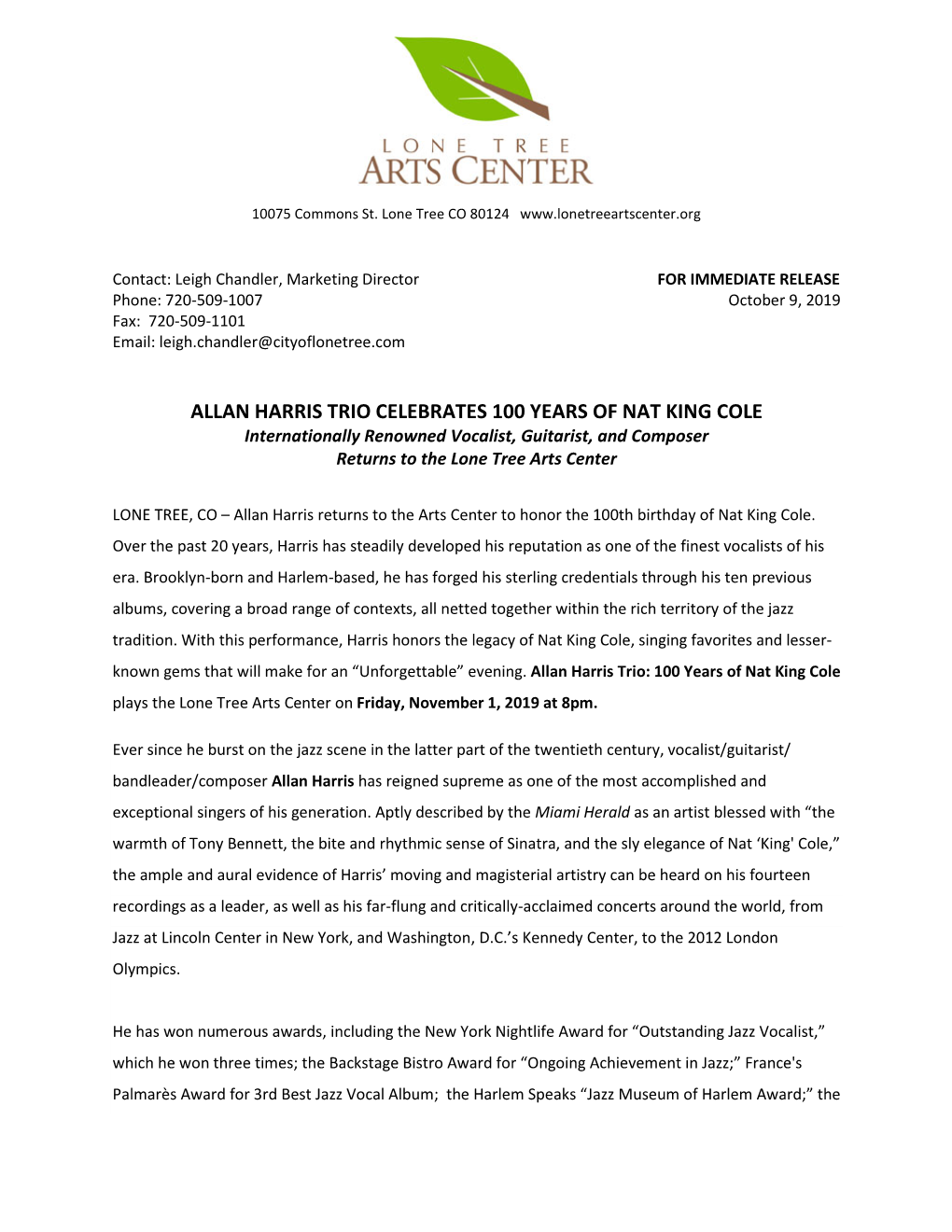 ALLAN HARRIS TRIO CELEBRATES 100 YEARS of NAT KING COLE Internationally Renowned Vocalist, Guitarist, and Composer Returns to the Lone Tree Arts Center