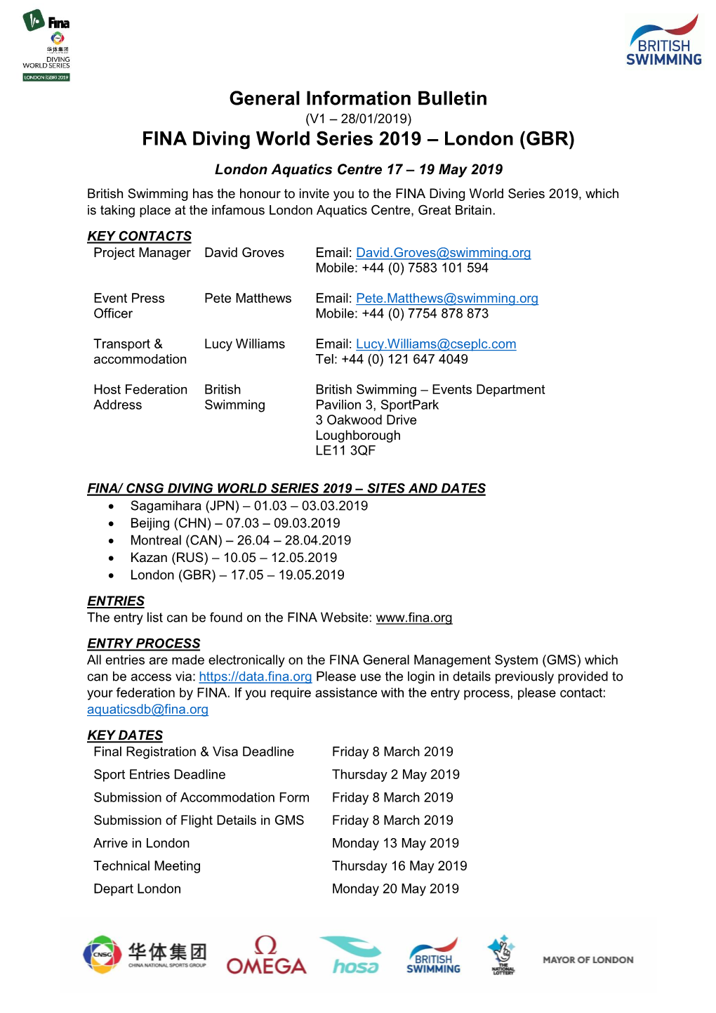 General Information Bulletin FINA Diving World Series 2019 – London