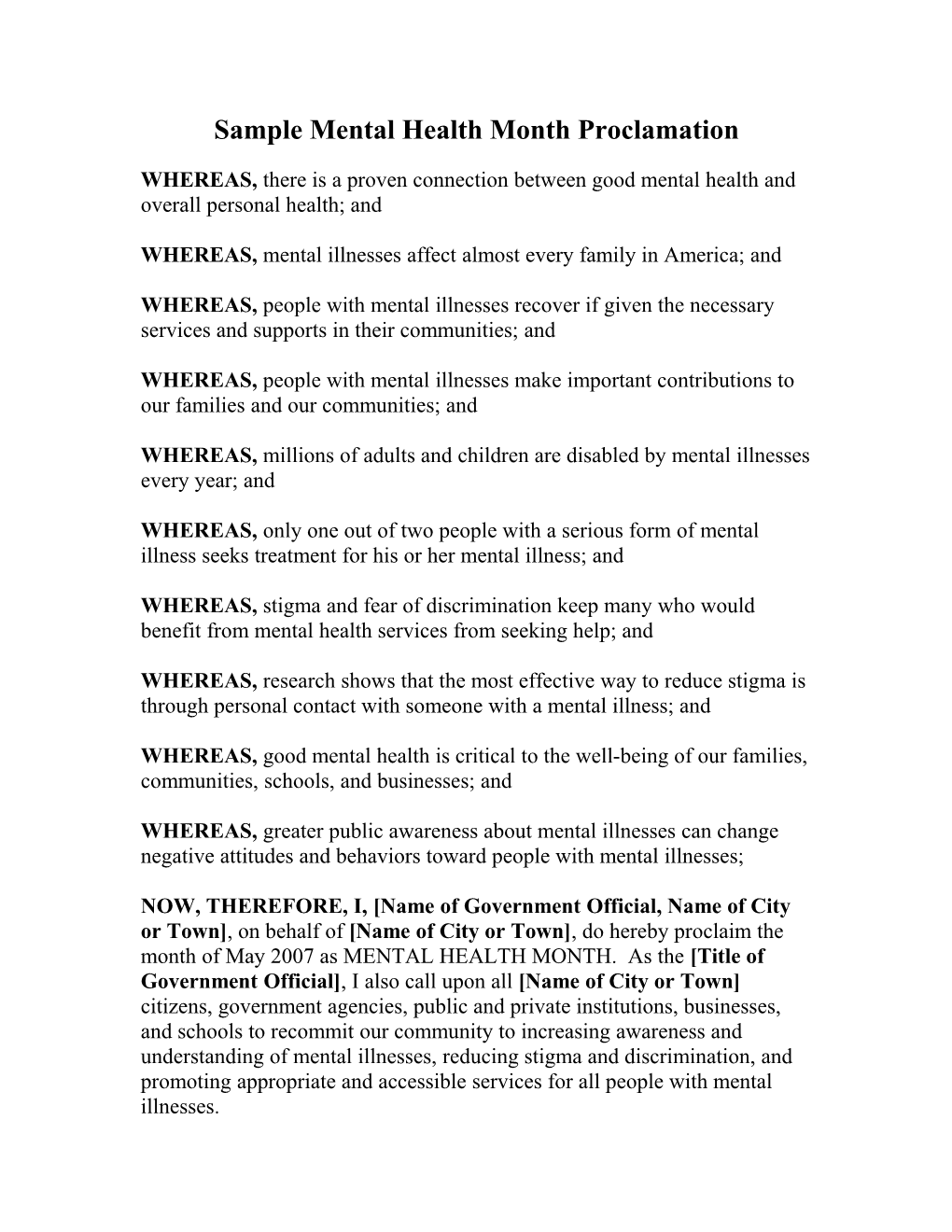 Sample Mental Health Month Proclamation