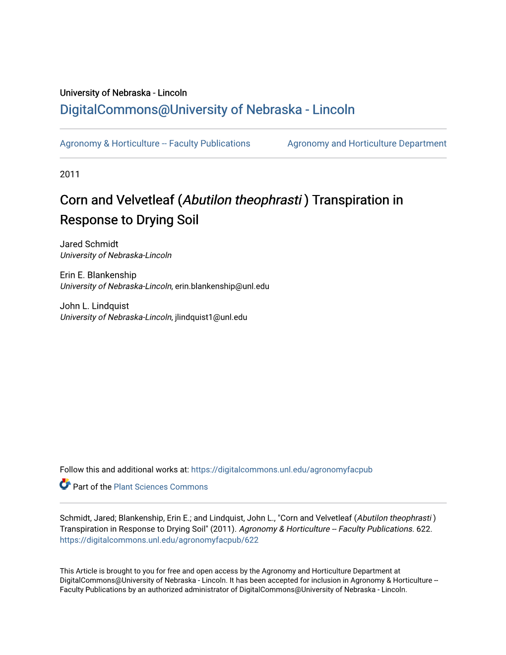 Corn and Velvetleaf (&lt;I&gt;Abutilon Theophrasti&lt;/I&gt; ) Transpiration In