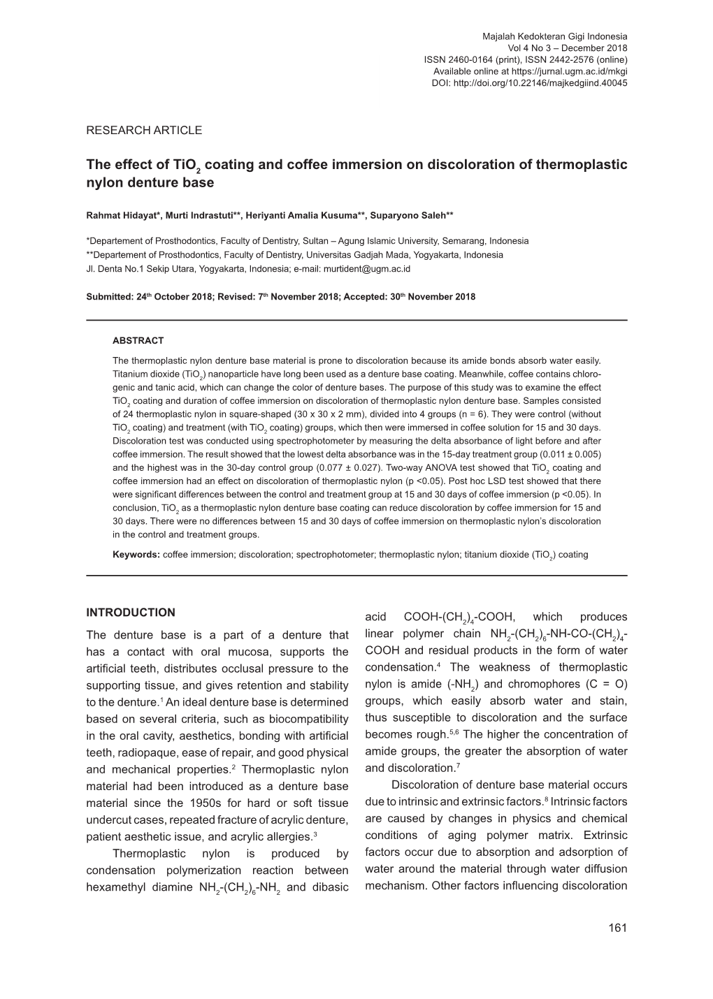 The Effect of Tio2 Coating and Coffee Immersion on Discoloration of Thermoplastic Nylon Denture Base