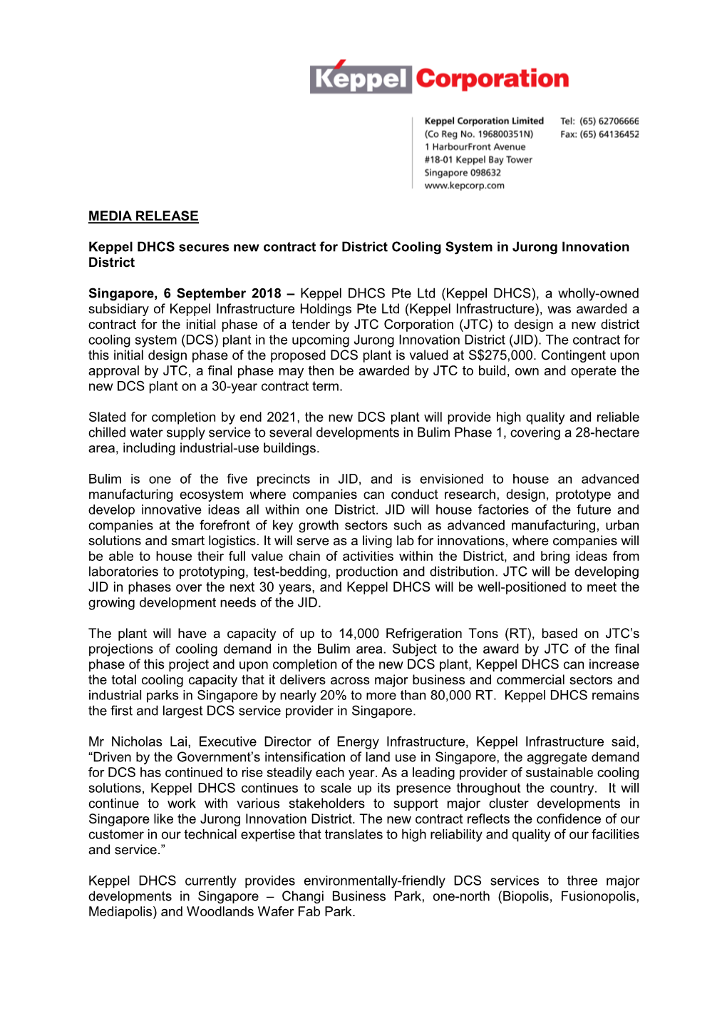 MEDIA RELEASE Keppel DHCS Secures New Contract for District