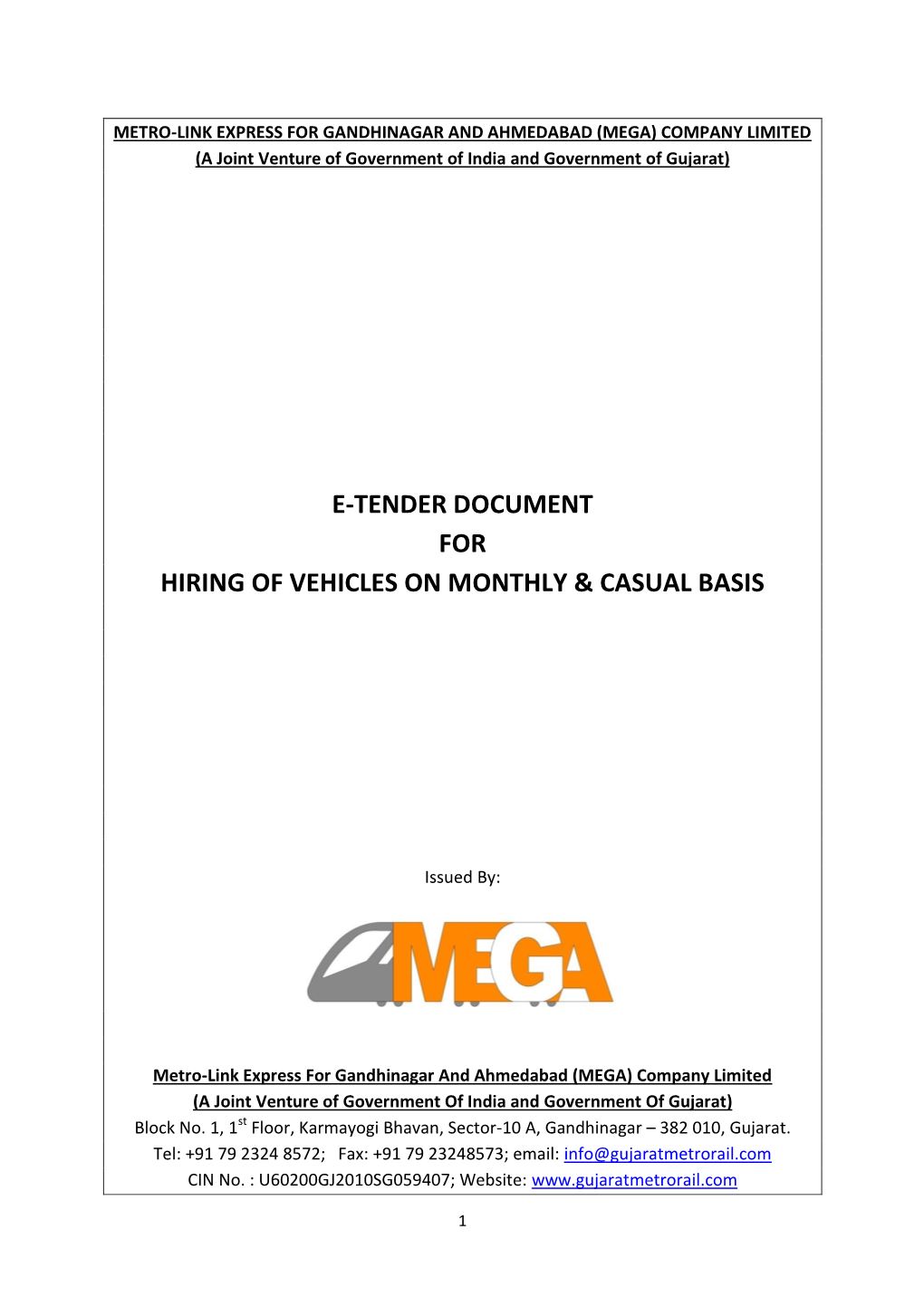 E-Tender Document for Hiring of Vehicles on Monthly & Casual Basis
